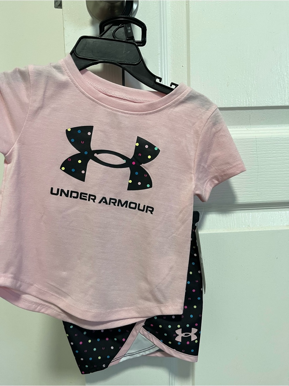 Under Armour Light Pink Tee and Black Polka Dot Shorts Set